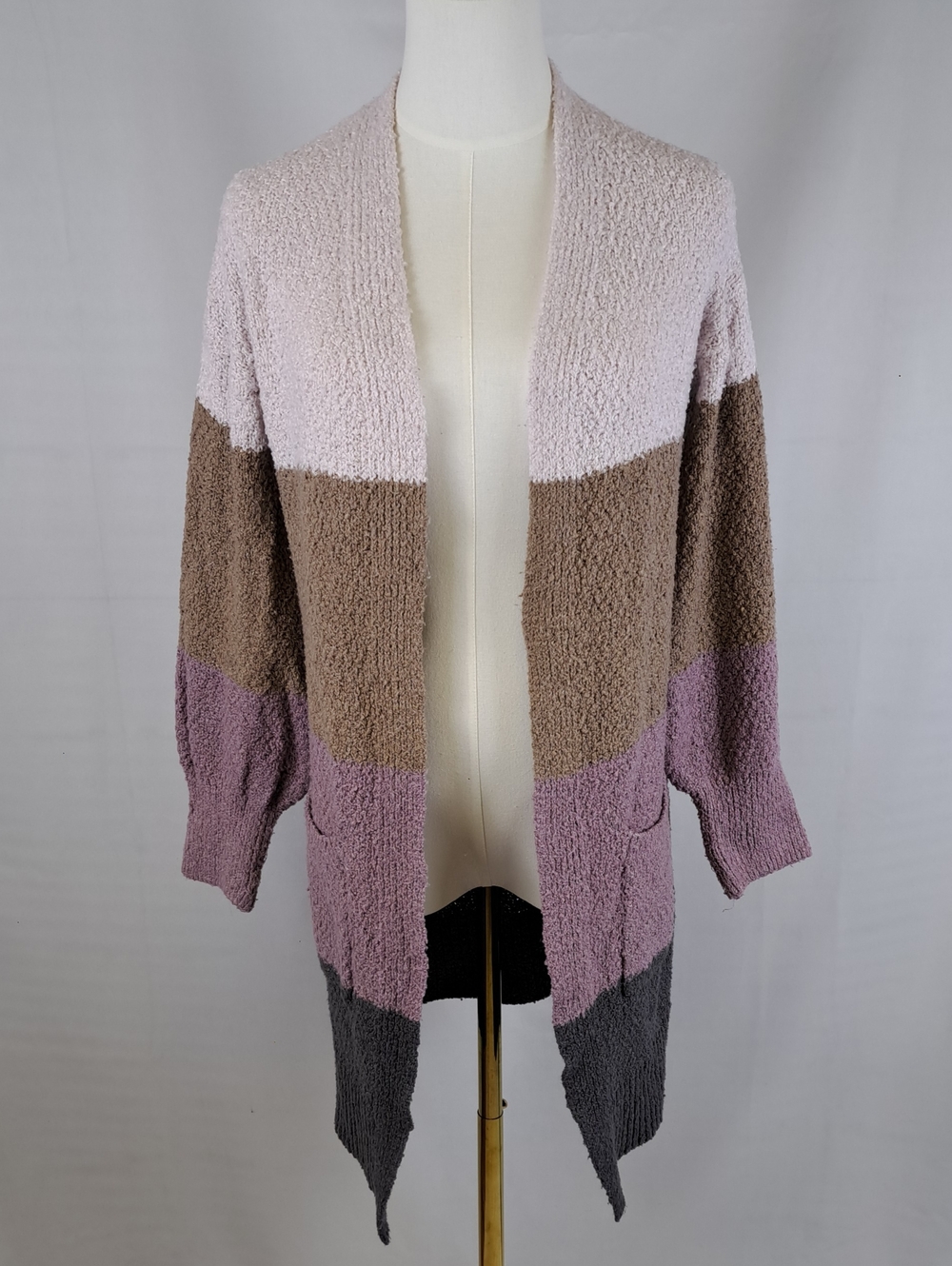 SO Colorblock Cozy Open Front Cardigan Sweater Lilac, Purple, Beige Colorblock S